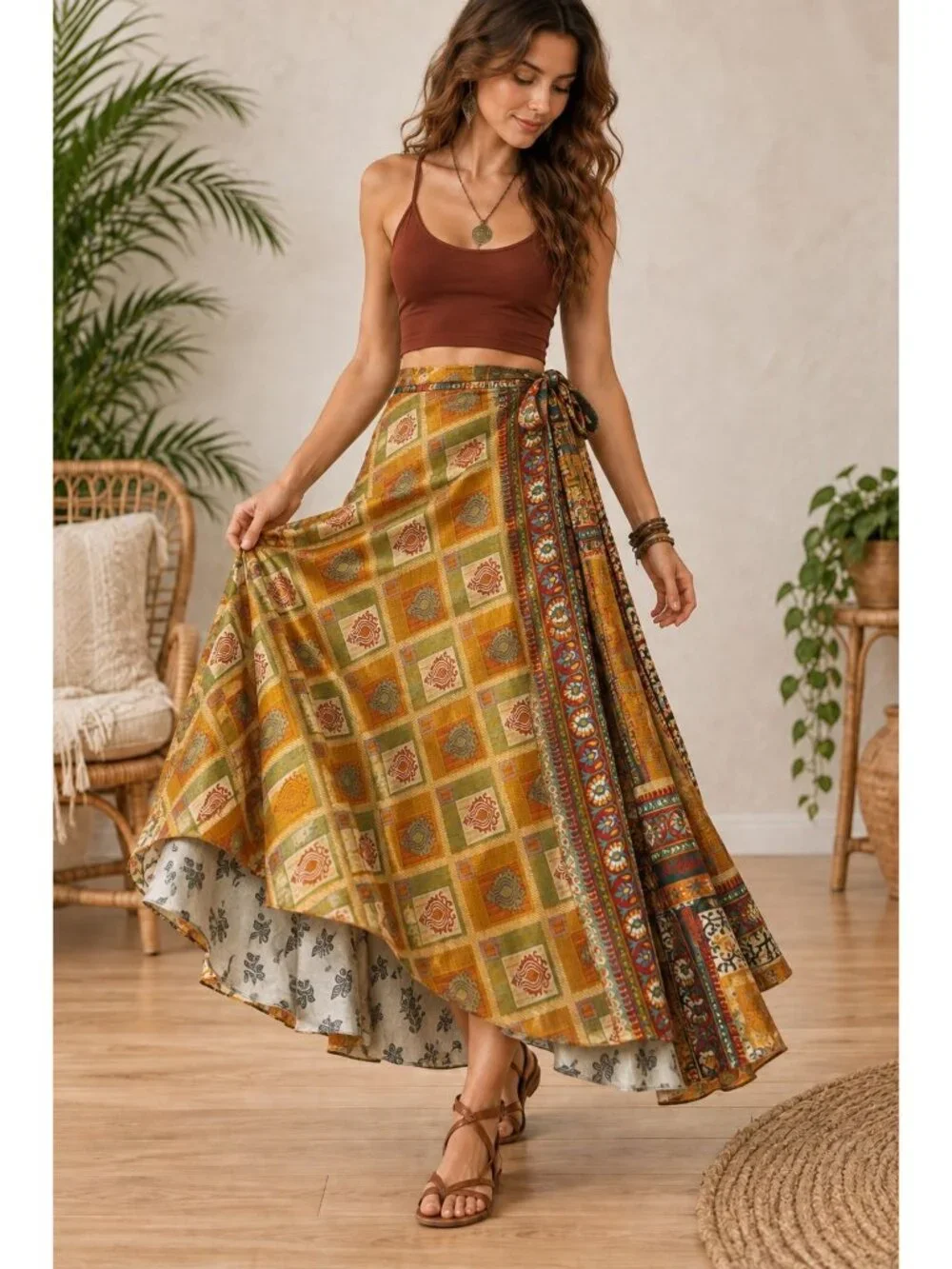 Reversible Sari Silk Magic Wrap Skirt Boho Festival Hippie Handmade India OS